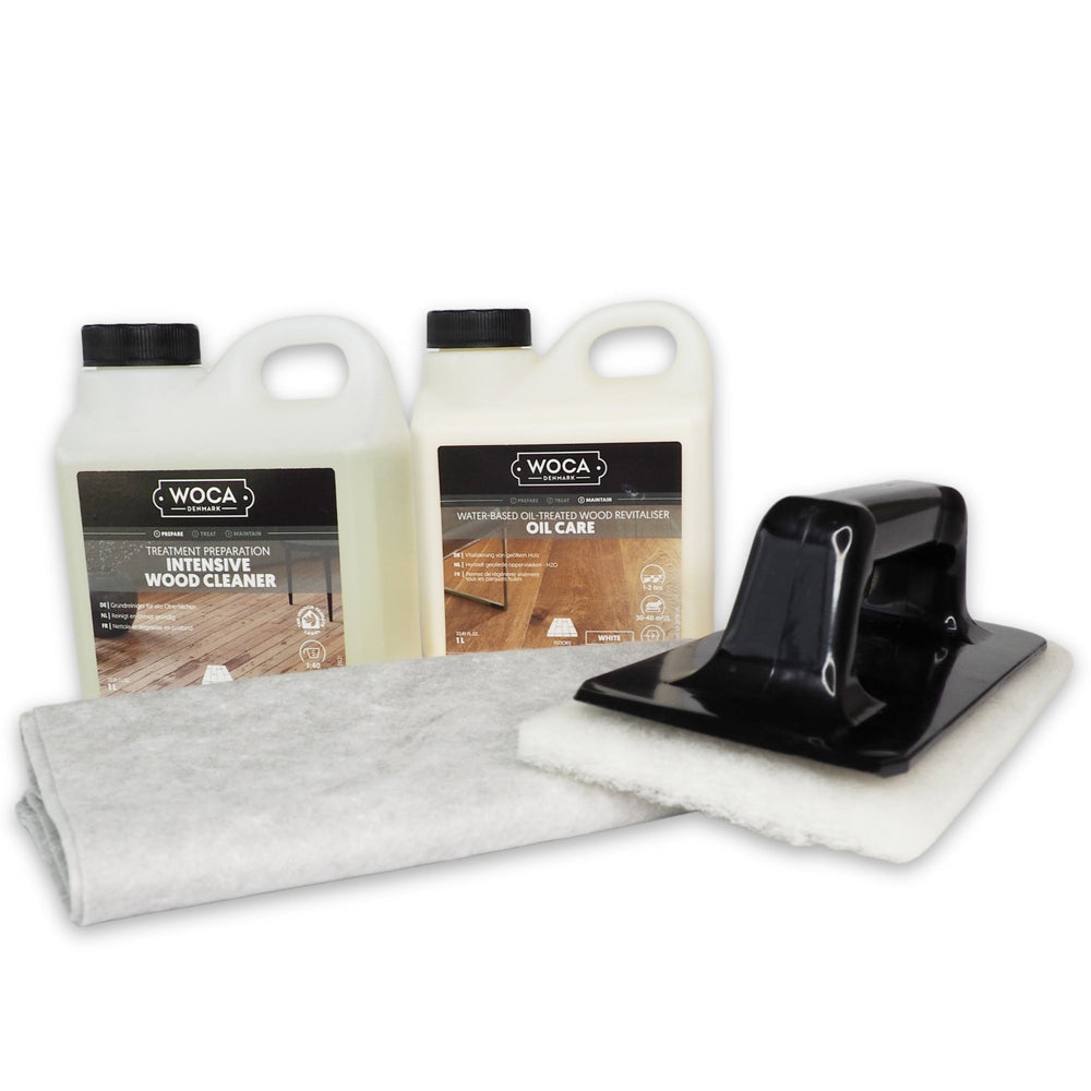 Pflegeset für weiß geölte Böden mit wasserbasiertem Pflegeöl